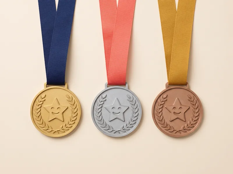 Tres medallas escolares impresas en 3D en tono oro, plata y bronce con estrella y laurel en relieve, visual de ejemplo