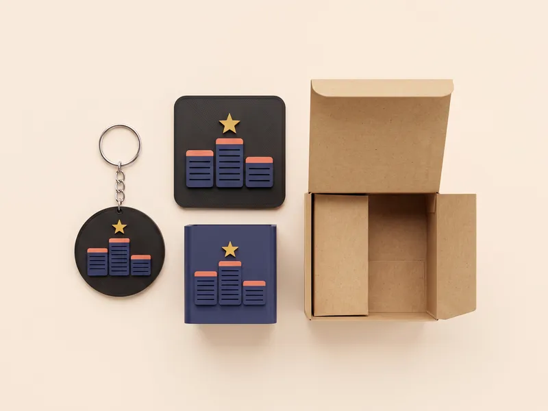 Set de regalo de empresa impreso en 3D: llavero, posavasos y portalápices con el logo en relieve junto a su caja, visual de ejemplo
