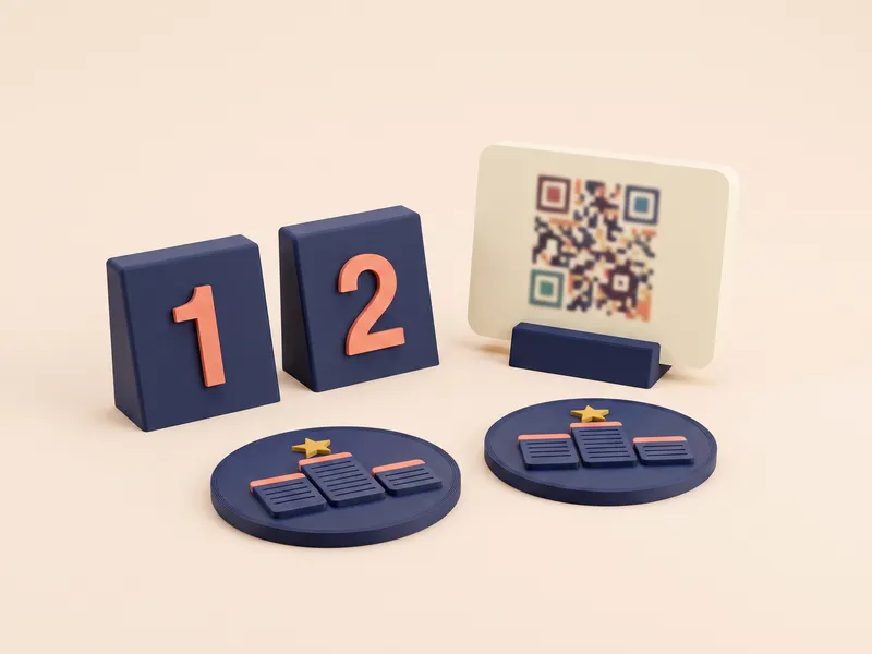 Números de mesa, soporte para carta con código QR y posavasos con logo impresos en 3D para un restaurante, visual de ejemplo