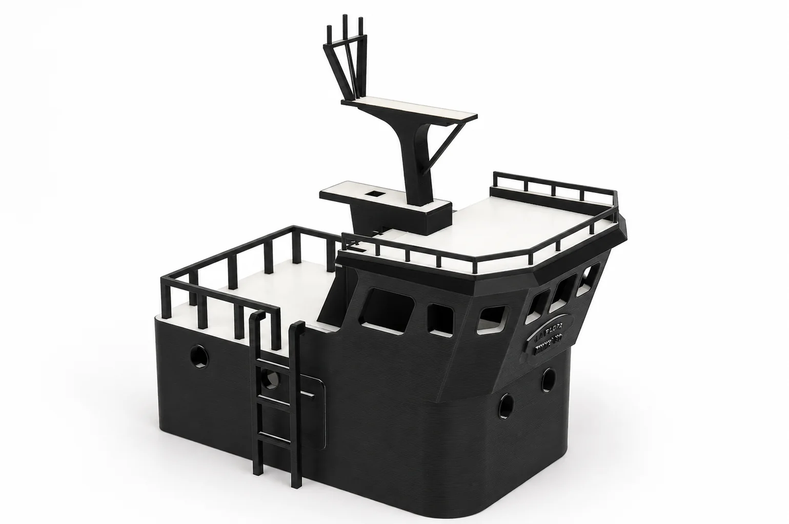 Maqueta de barco pesquero diseñada e impresa en 3D a medida para un cliente, con el nombre en relieve