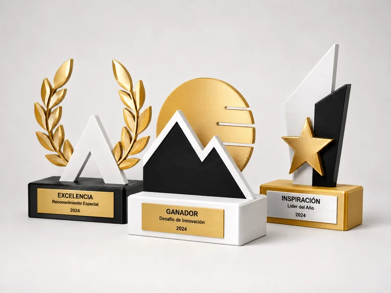 Tres modelos de trofeo personalizado impresos en 3D: laurel, cima y estrella